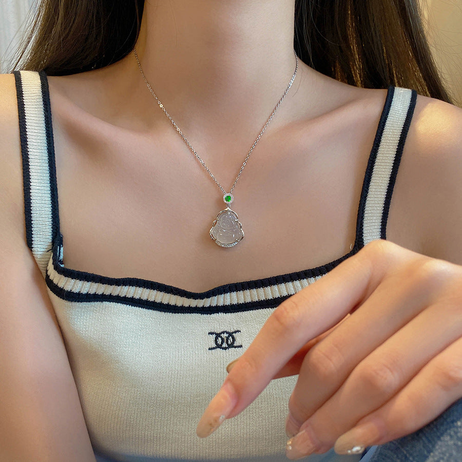 Women's Imitation Chalcedony Leaves Exquisite Maitreya Buddha Big Necklaces