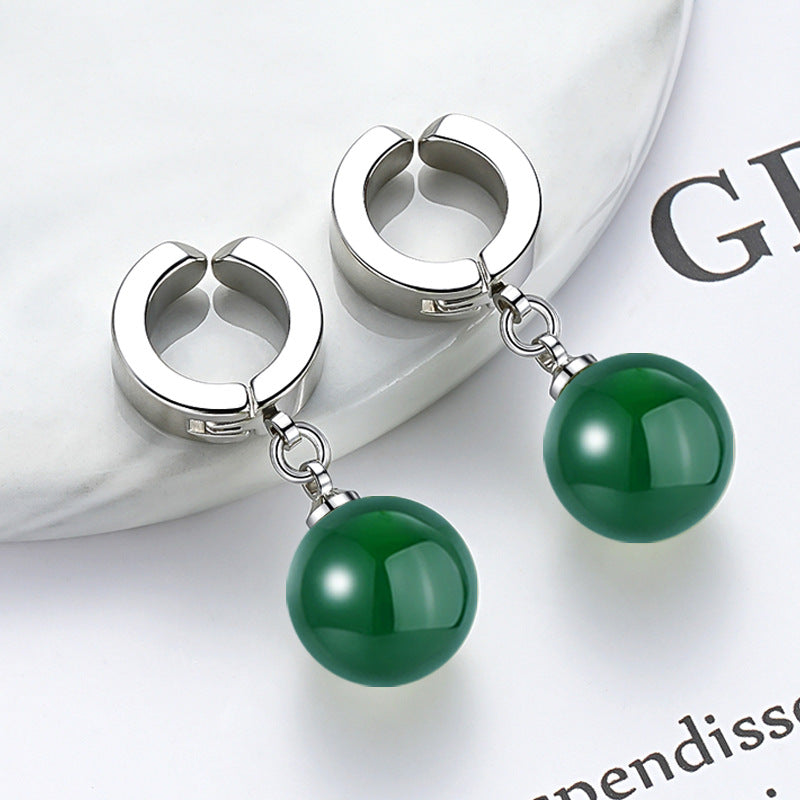 Court Green Agate Glass Stone Ear Clip Earrings