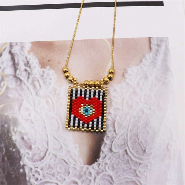 Bohemian Style Gold Rainbow Love Devil's Eye Square Necklaces
