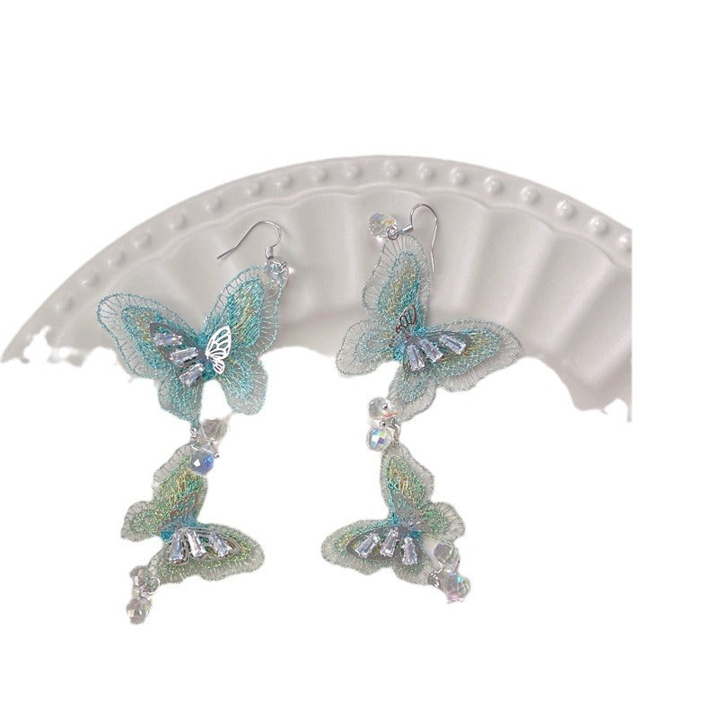 Korean Style Retro Green Butterfly Long Asymmetric Earrings