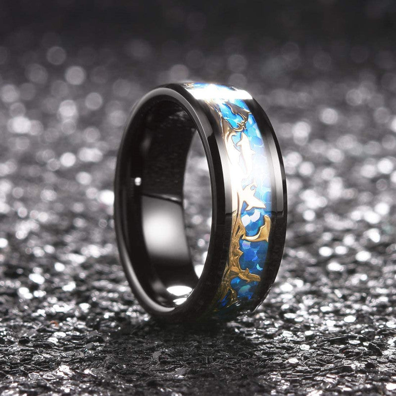 Black On Blue Background Gold Leaf Dolphin Ring