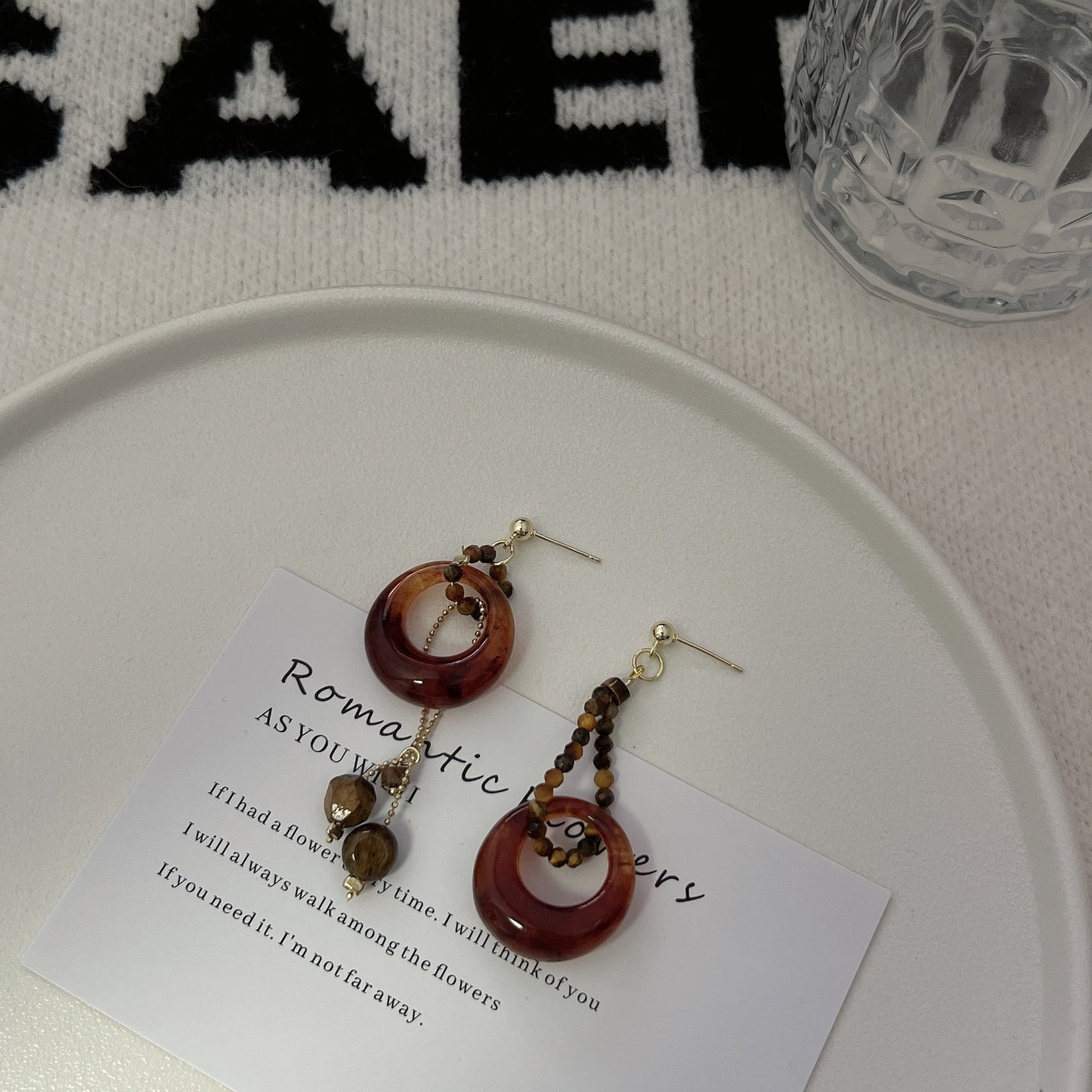 Women's Tigereye Asymmetric Beaded Ethnic Style Fashionable Design Sense Earrings