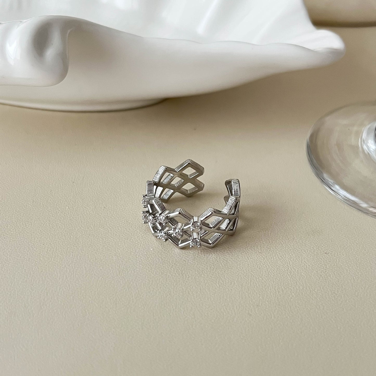 Women's Old Money Style Irregular Cross Hollow Out Open-end Zircon Unique Ring
