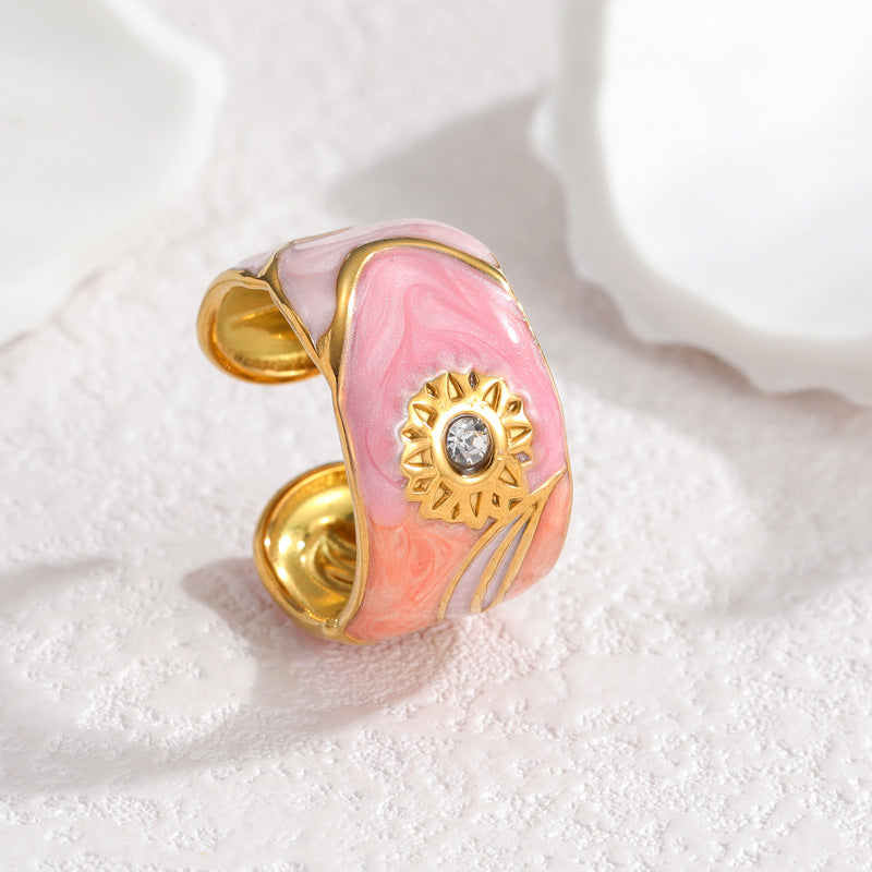 Steel Gold Drop Oil Sunflower Female Shaped Rings