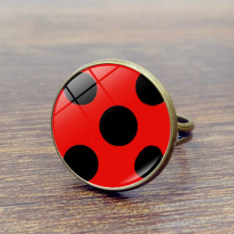 Round Polka Dot Time Stone Cartoon Anime Ladybug Brush Printed Ring