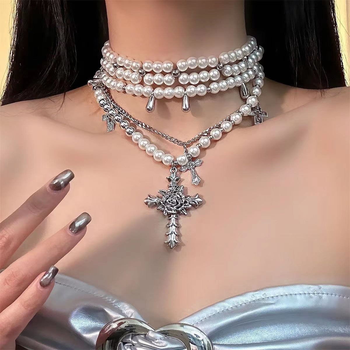 Women's Baroque Pearl Cross Twin For Special Interest Light Luxury Temperament Necklaces
