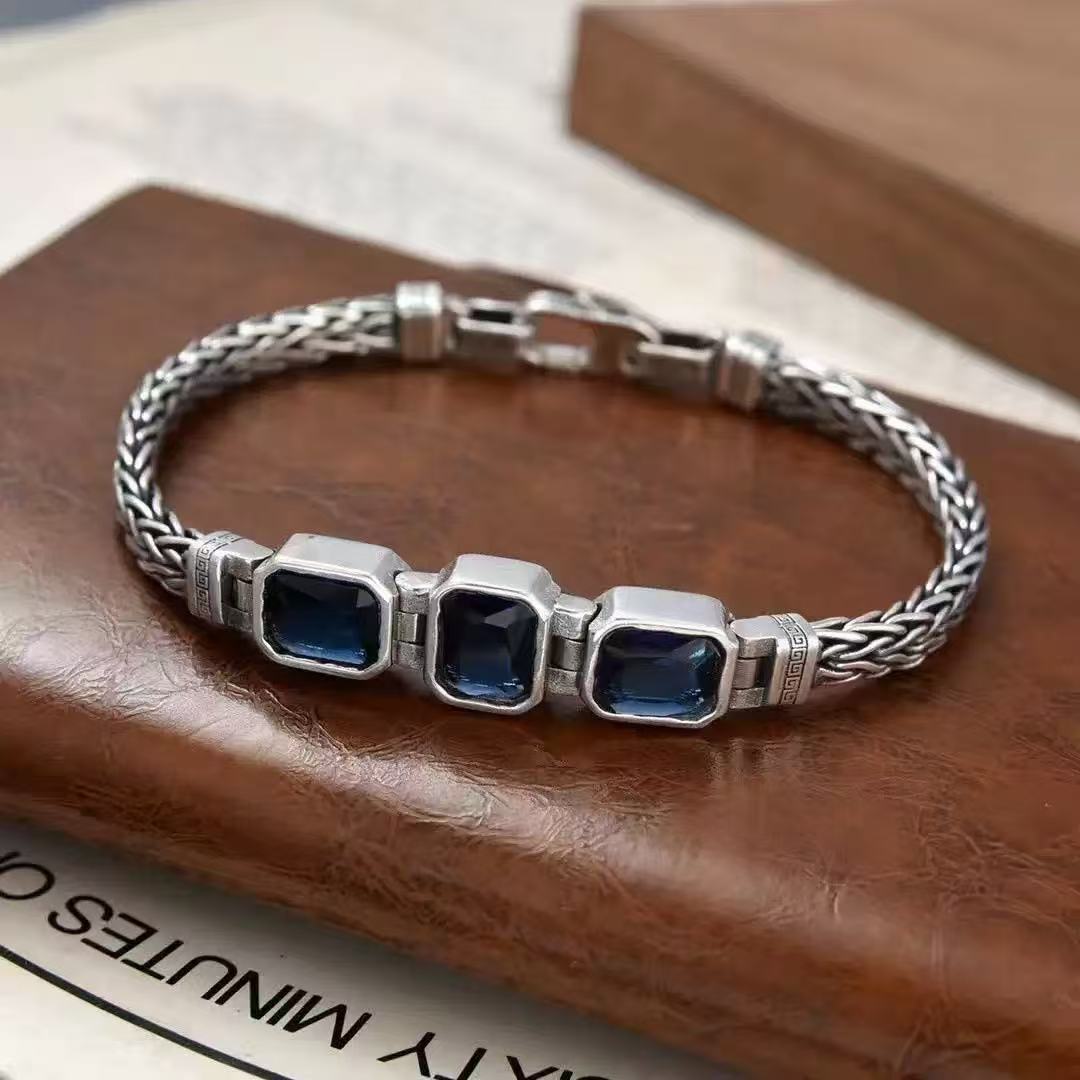 Men's Personality Woven Stone Blue Diamond Style National Hipster Design Ethnic Bracelet