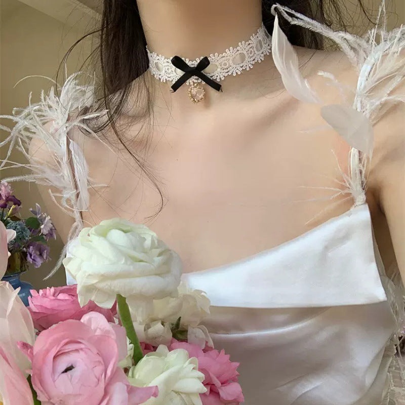 Sweet Peach Lace Love Heart Bow Tie Collar