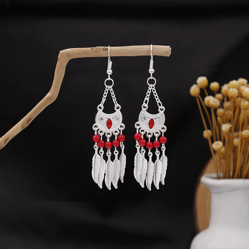 Miao Sier Colorful Long Feather Tassel Rings