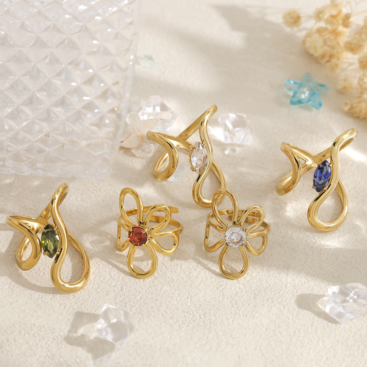Wind Wild Stainless Steel Flower Zircon Hollow Line Ring