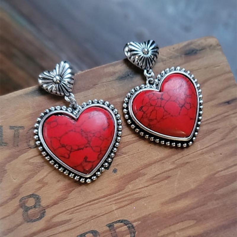 Style Peach Heart Red Turquoise Vintage Heart-shaped Valentine's Earrings