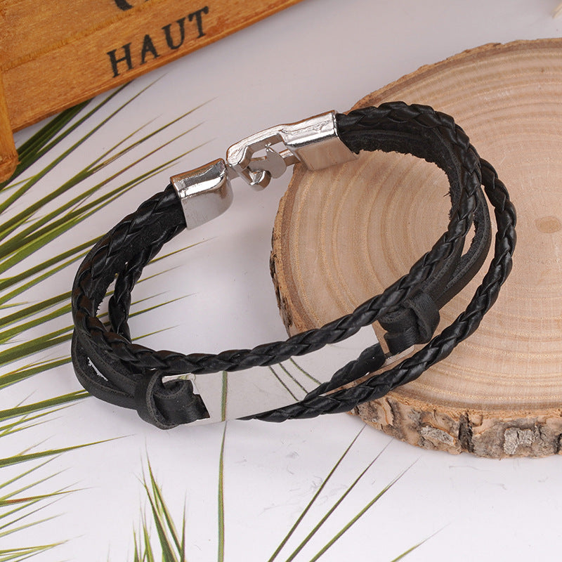 Men's Trendy Simple Woven Leather Glossy Personality Lettering Bracelet