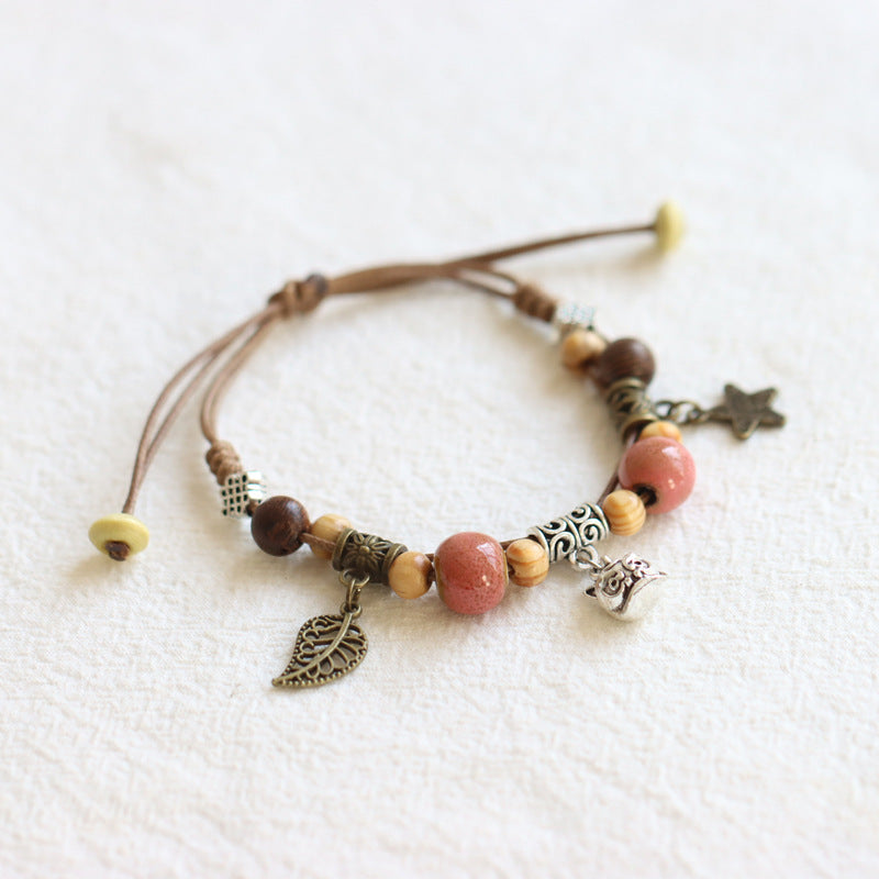 National Style Woven Lucky Cat Ceramic Adjustable Ethnic Carrying Bracelet