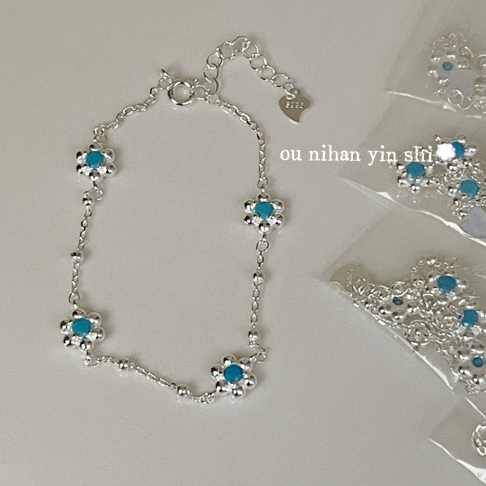 Oni Korean Sier Blue Turquoise Flower Sweet Refined Simple Bracelet