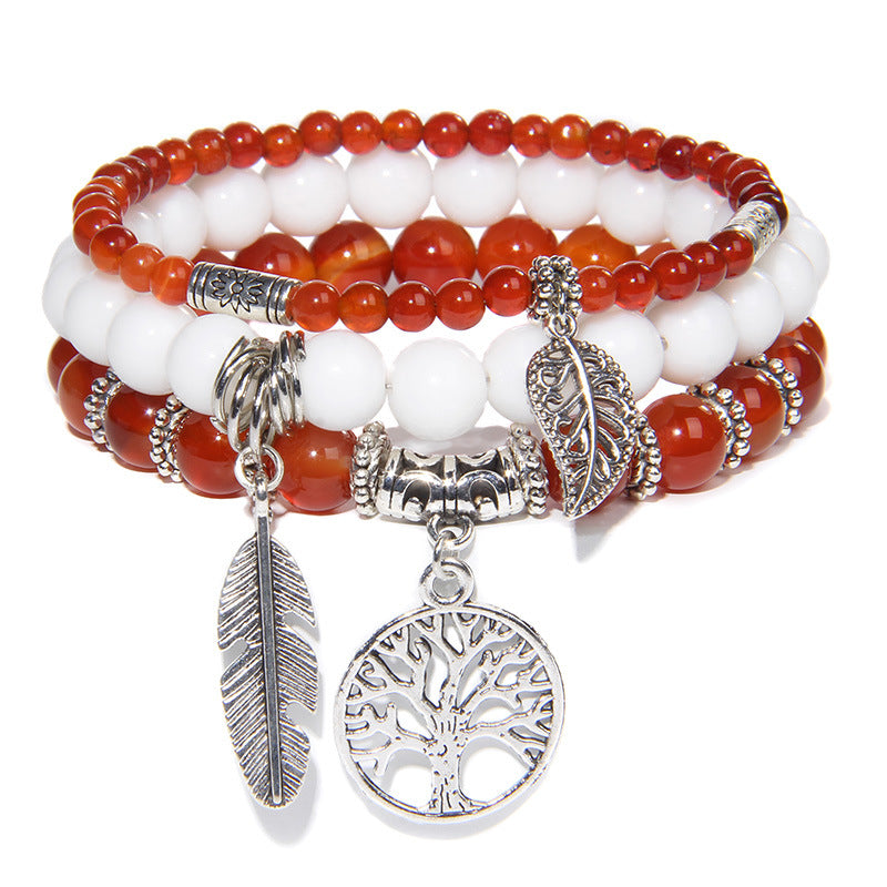 Women's Stone Bead Three-piece Tree Of Life Feather Vintage Bracelets