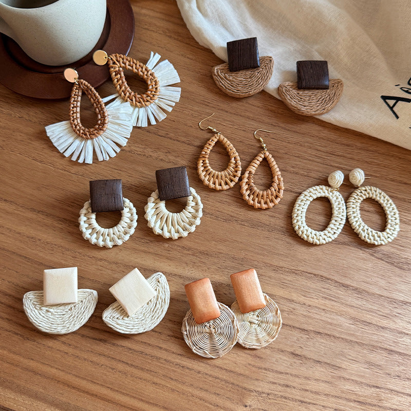 Style Sier Needle Resin Rattan Beads Round Fashion Earrings