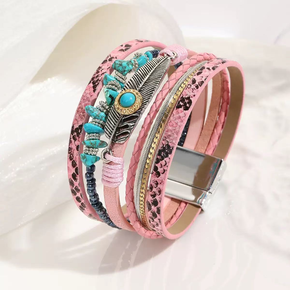 Women's Bohemian Style Gravel Feather Leather For Bracelet