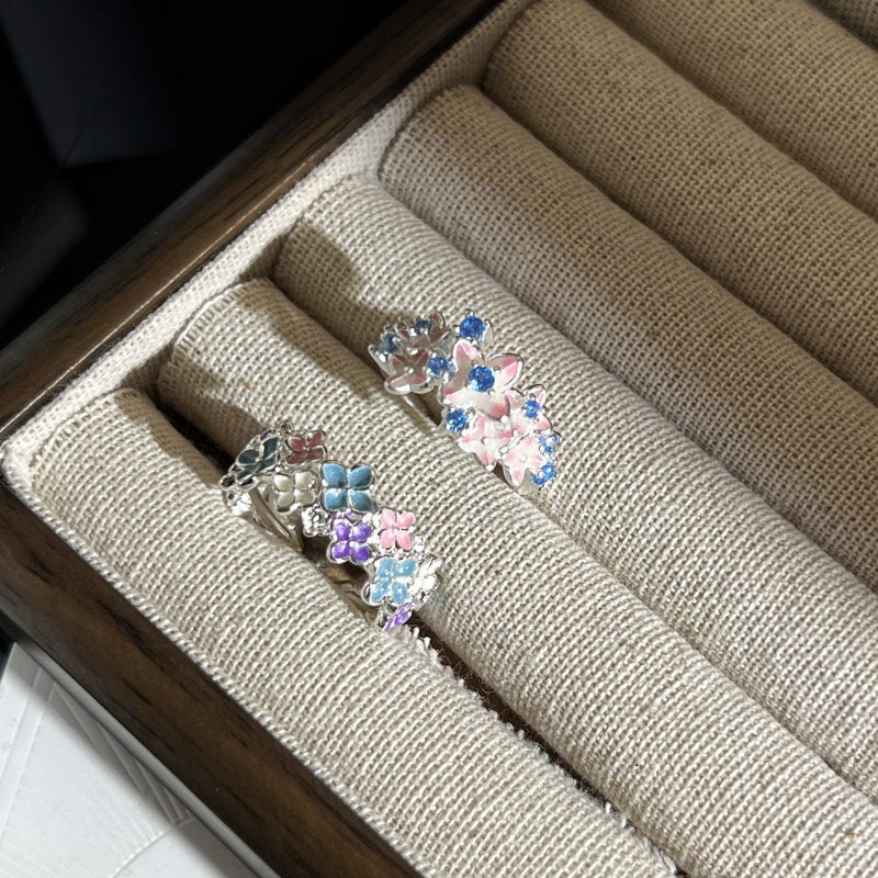 Sweet Style Colored Glaze Flower Twin Open Female Niche Design Ring