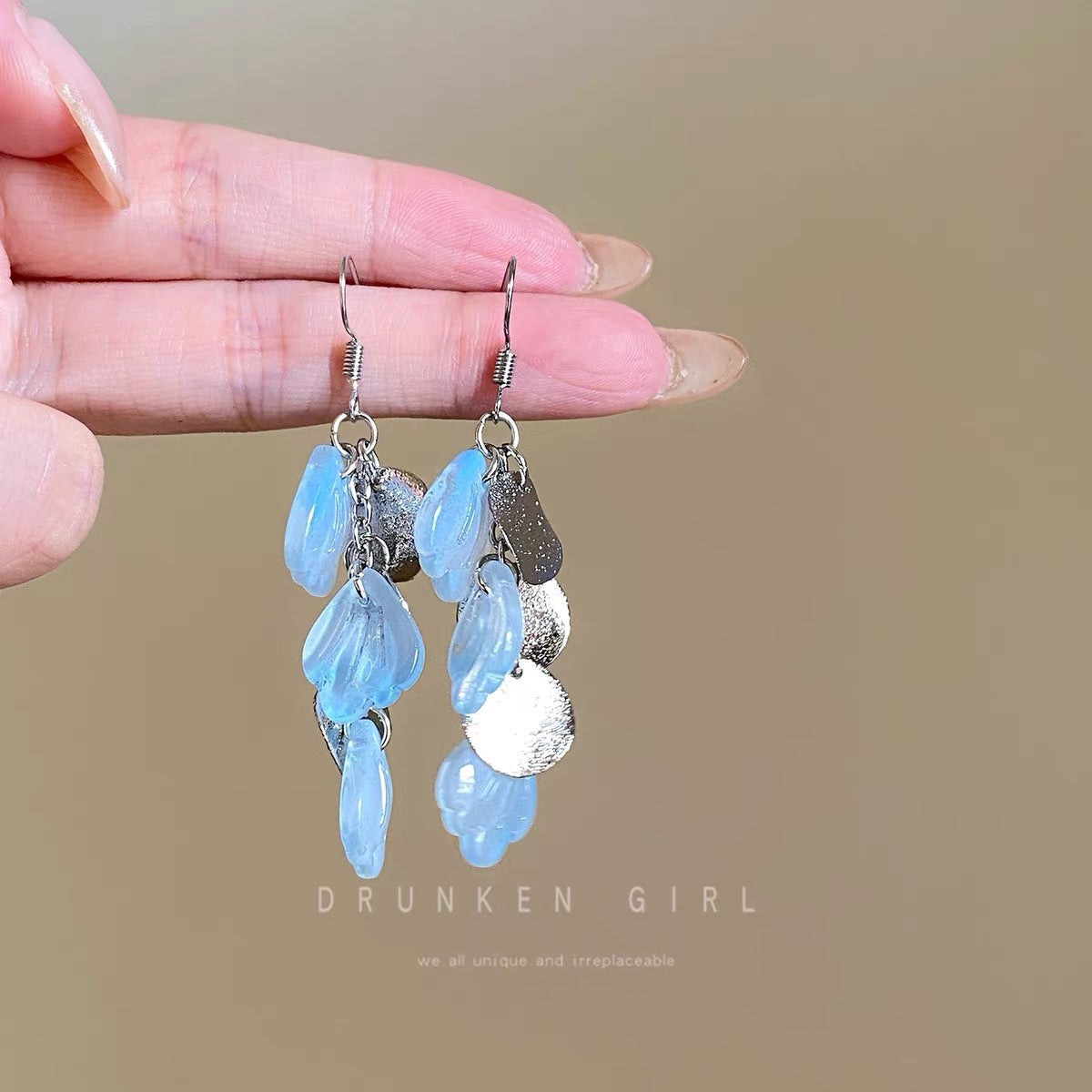 Women's Fresh Blue Fabric Flower Tassel Seaside Vacation Style Light Stud Earrings