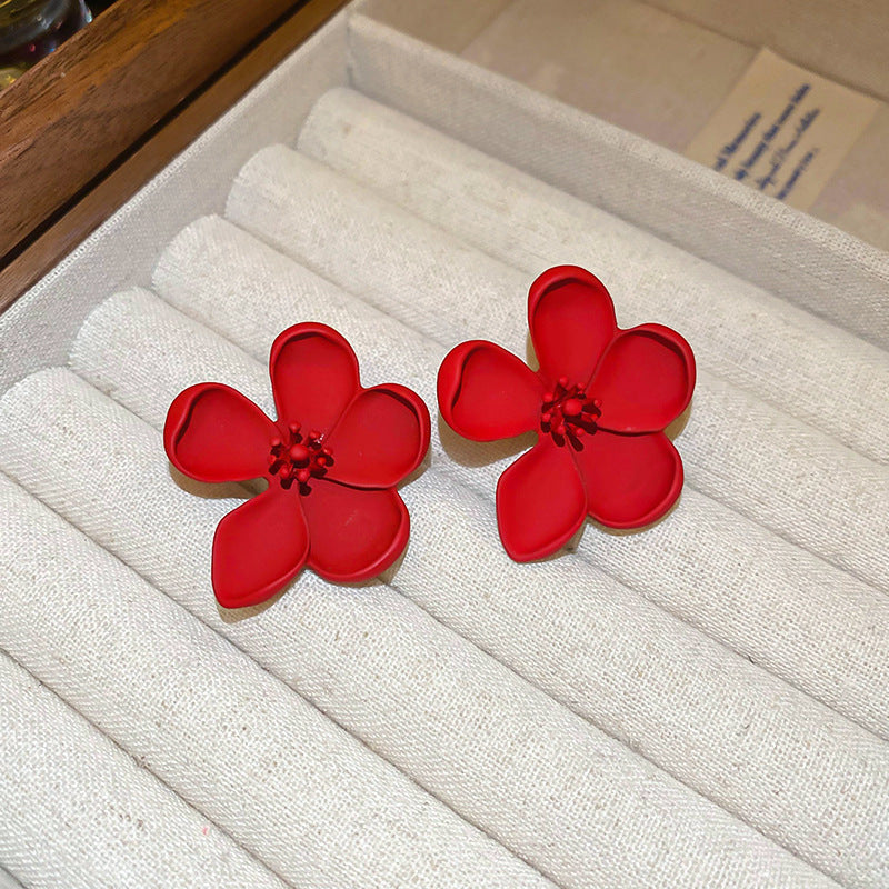 Women's Sier Needle Red Geometric Ear Korean Earrings