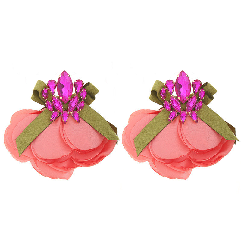 Handmade Fabric Crystal Flower Fashion Exaggerating Eardrops Earrings