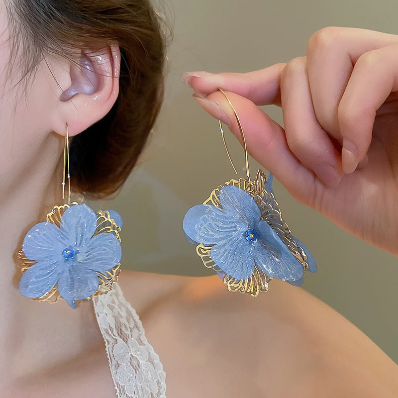 Women's Fresh Blue Fabric Flower Tassel Seaside Vacation Style Light Stud Earrings