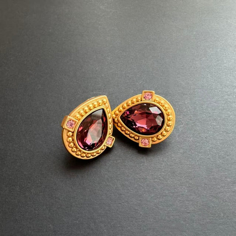 Retro Matte Brass Texture Heart Color Glass Ear Stud Earrings