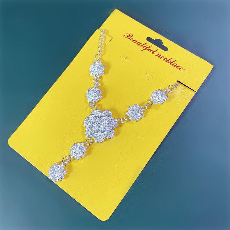 Vintage Sweater Chain Long Rose Flower Brushed Sier Plated Tourist Jewelry Set