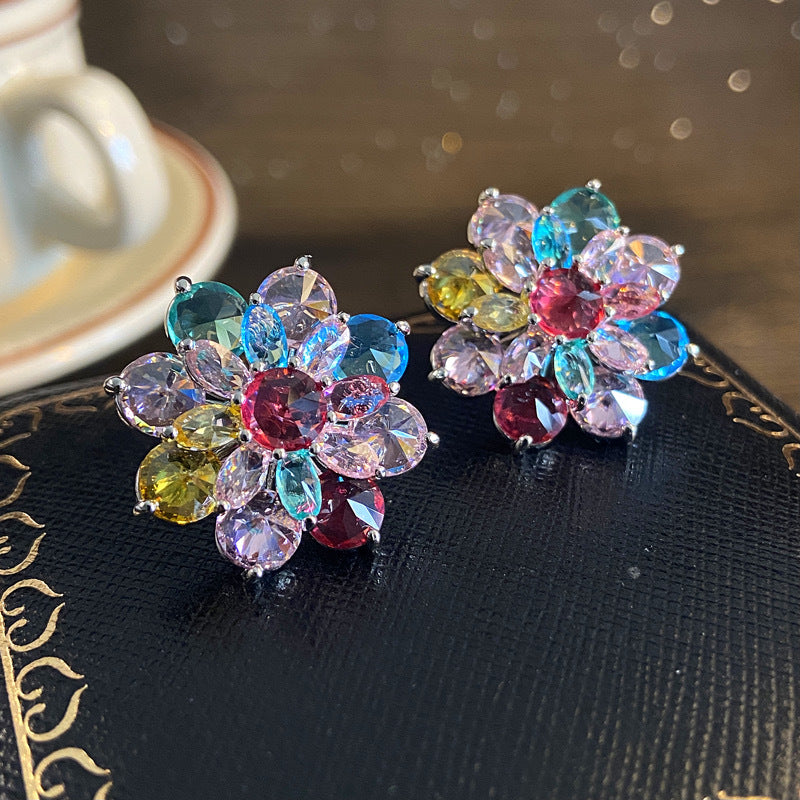 Women's Sier Needle Flower Color Zircon Mori Sweet Fashion Earrings