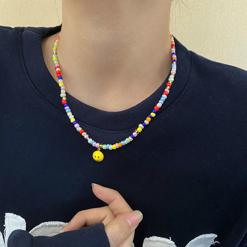 Style Rainbow Color Beads Stringed Smiley Necklaces