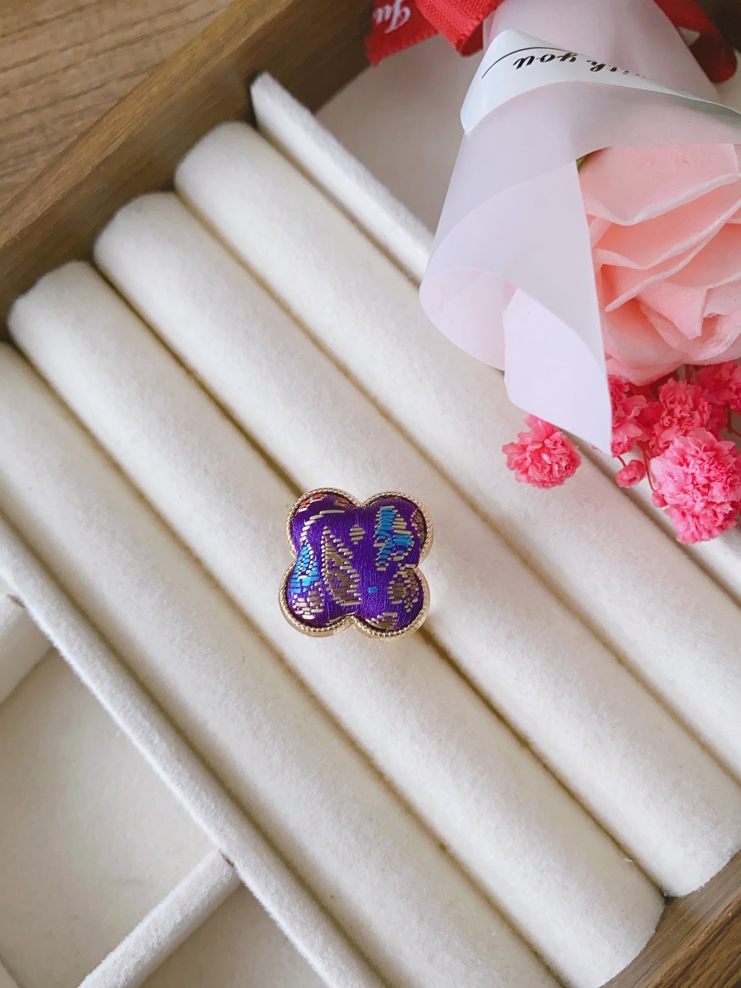 Chinese Style Song Dynasty Brocade Clover Finished National Adjustable Open Ring