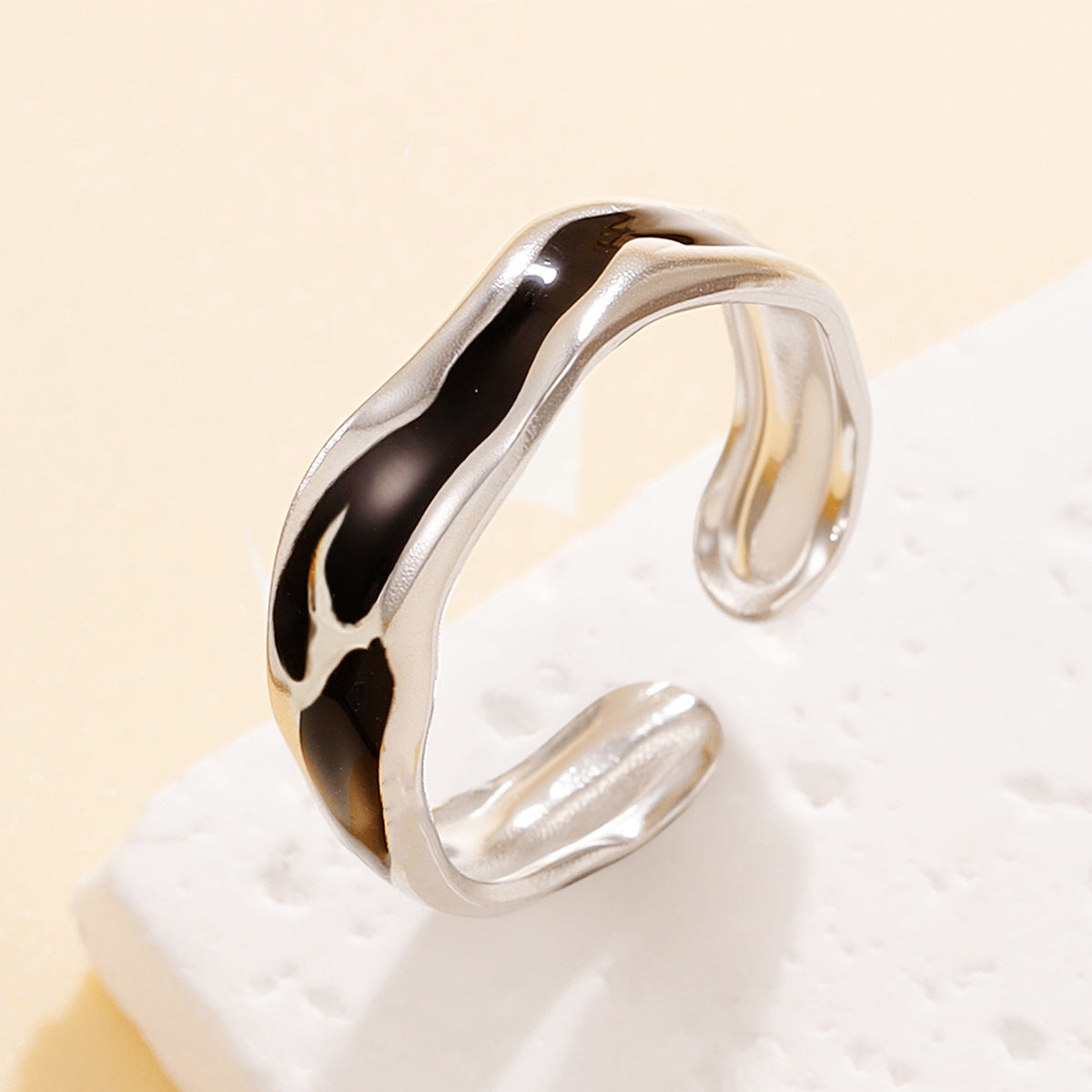 Retro Irregular Enamel Epoxy Stainless Steel Narrow Version Black Ring