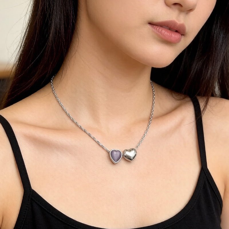 Double Heart Golden Thin Chain Clavicle Design Necklace