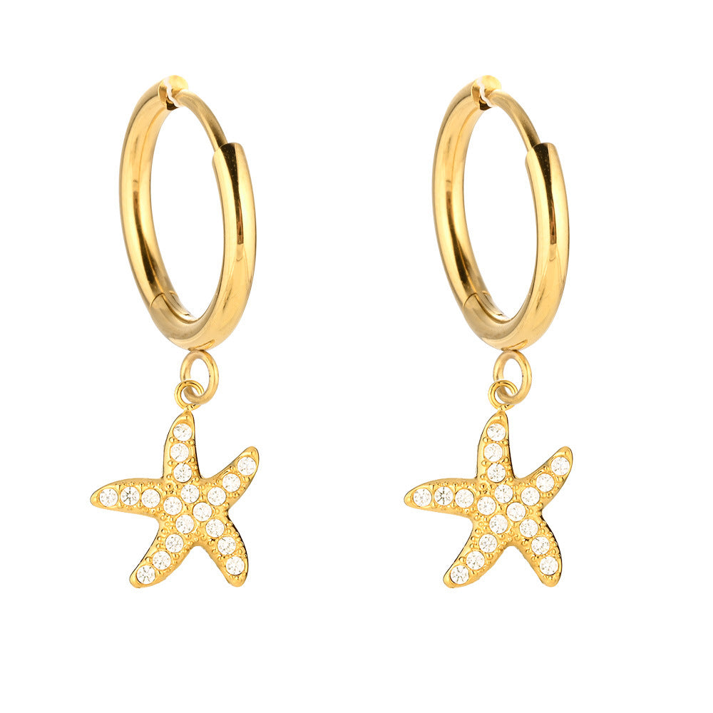 Fashion Stainless Steel Full Zircon Shell Starfish High Sense Refined Earrings
