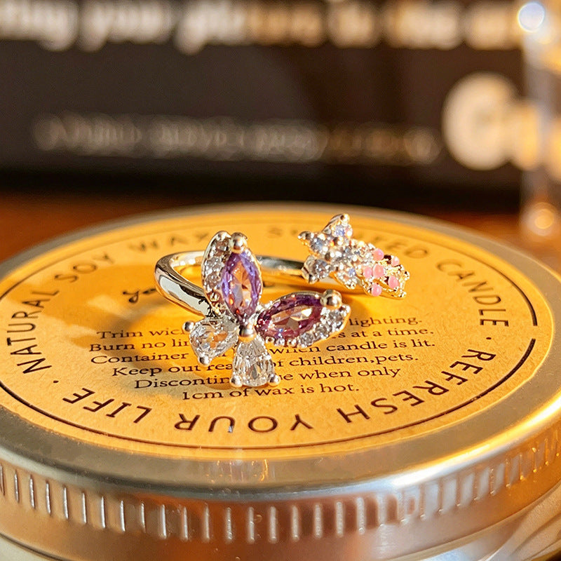 Matching Colored Gems Enamel Dopamine Flower Sweet Zircon Gentle White Rings