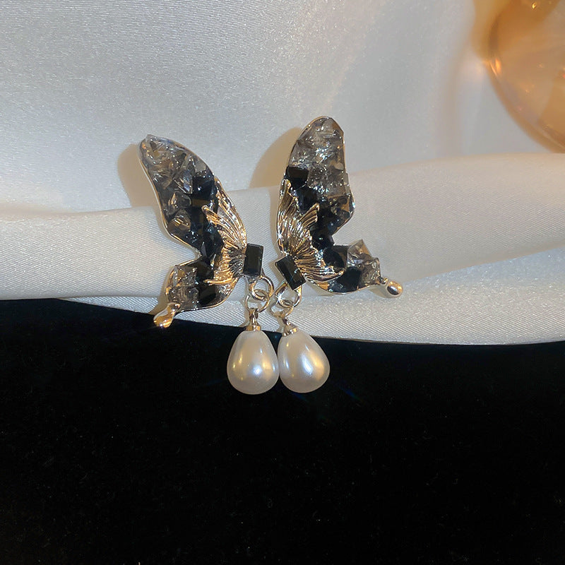 Blue Crystal Butterfly Flower Fashion Simple Fresh Light Luxury High Earrings