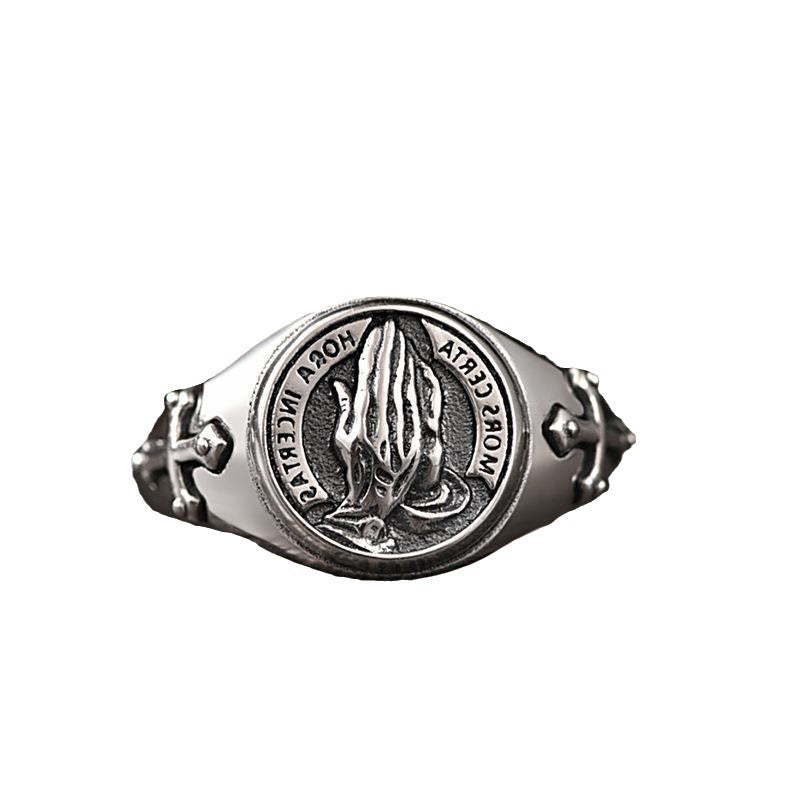 Men's Sier Personality Retro Praying Hands Open Blessing Ring