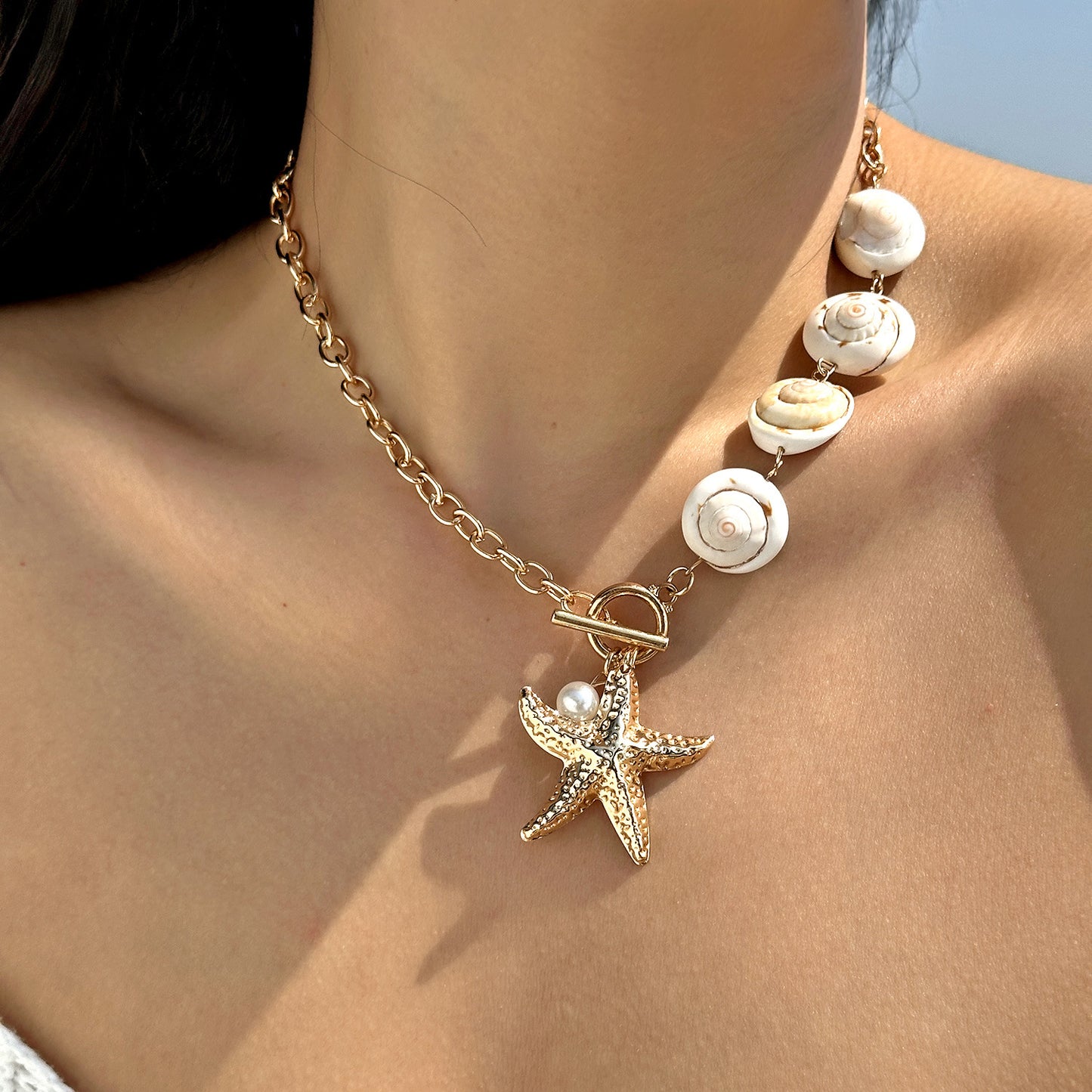 Women's Starfish Shell Beaded Imitation Pearl Layered Thick Necklaces