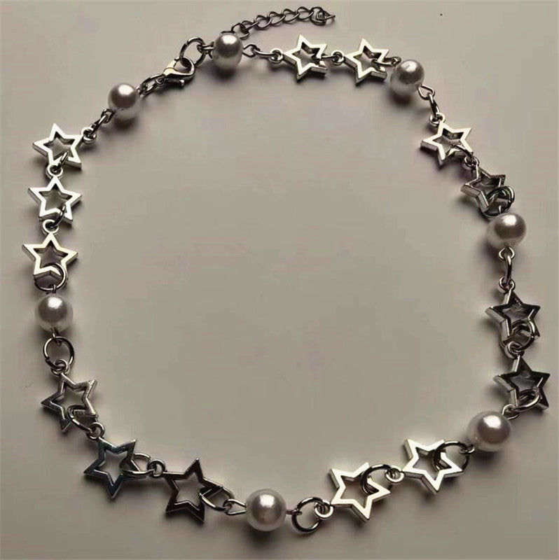 Pop Punk Hollow Pentagram Imitation Pearl Necklace