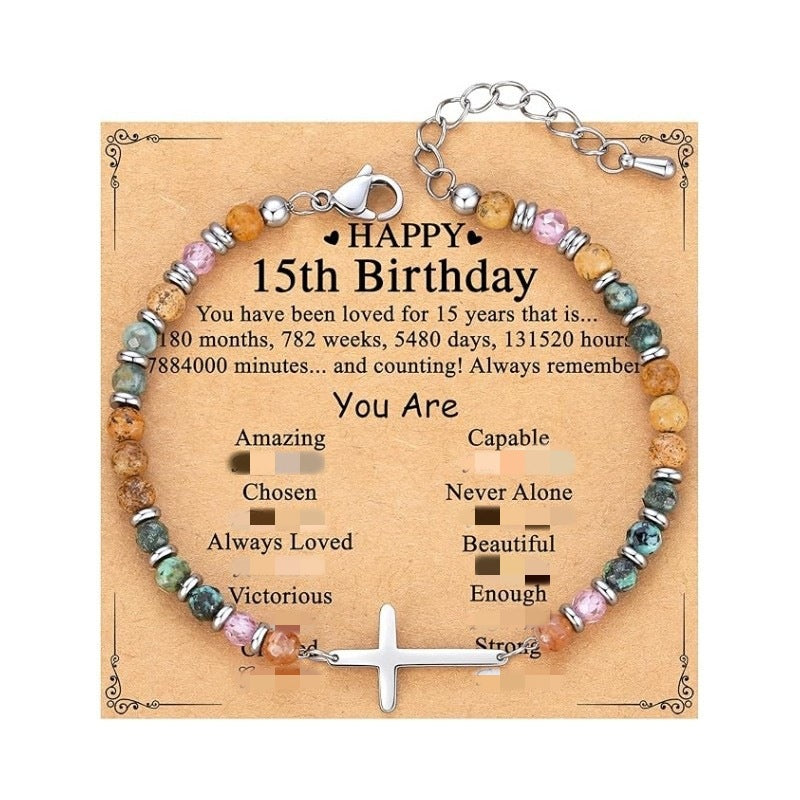 Women's Natural Stone Beaded Cross Lobster Buckle Adjustable Band Bracelet