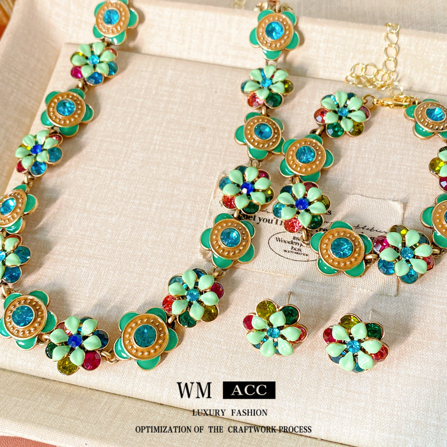 Women's Middle Ancient Diamond Glaze Flowers Light Luxury Minority Clavicle Chain Jewelry Set