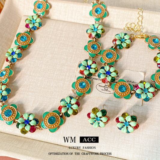 Women's Middle Ancient Diamond Glaze Flowers Light Luxury Minority Clavicle Chain Jewelry Set