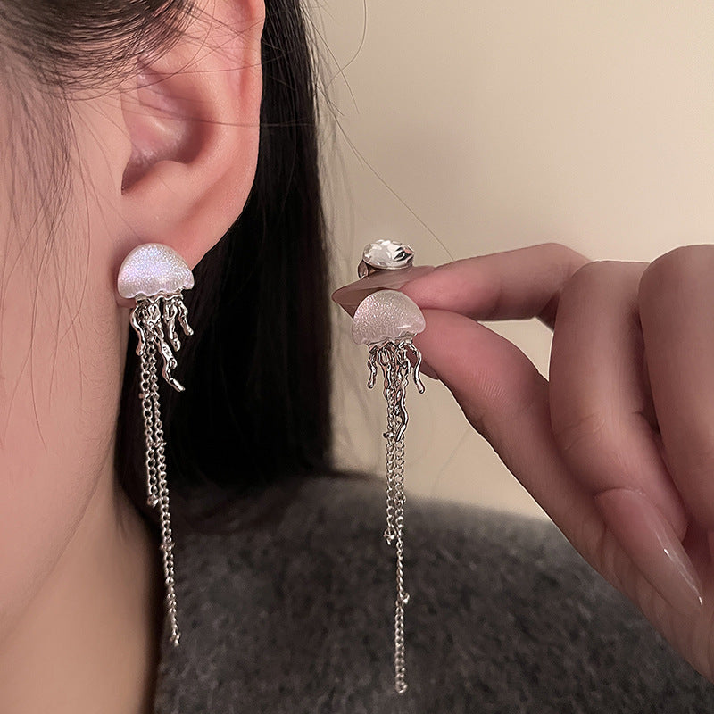 Women's Sier Needle Jellyfish Tassel Unique Design Stud Earrings
