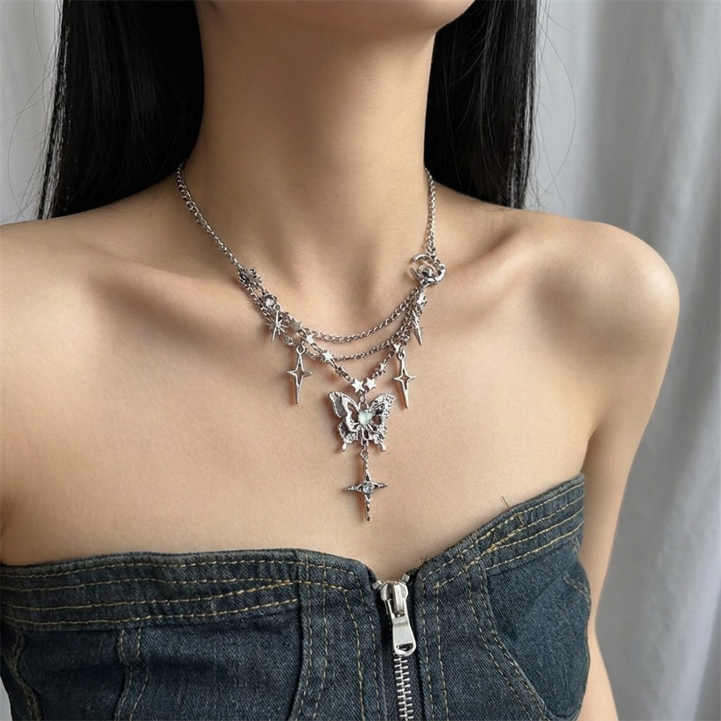 Cool Hot Rhinestone Butterfly Star Moon Tassel Multilayer Collarbone Female Necklace