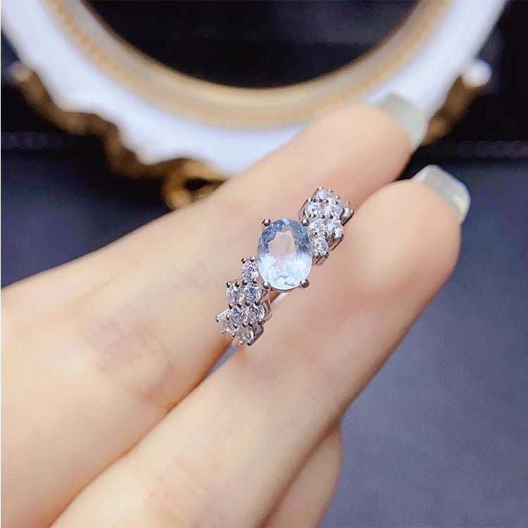 Sier Plated Imitation Natural Aquamarine Female Inlaid Zircon Fashion Open Ring