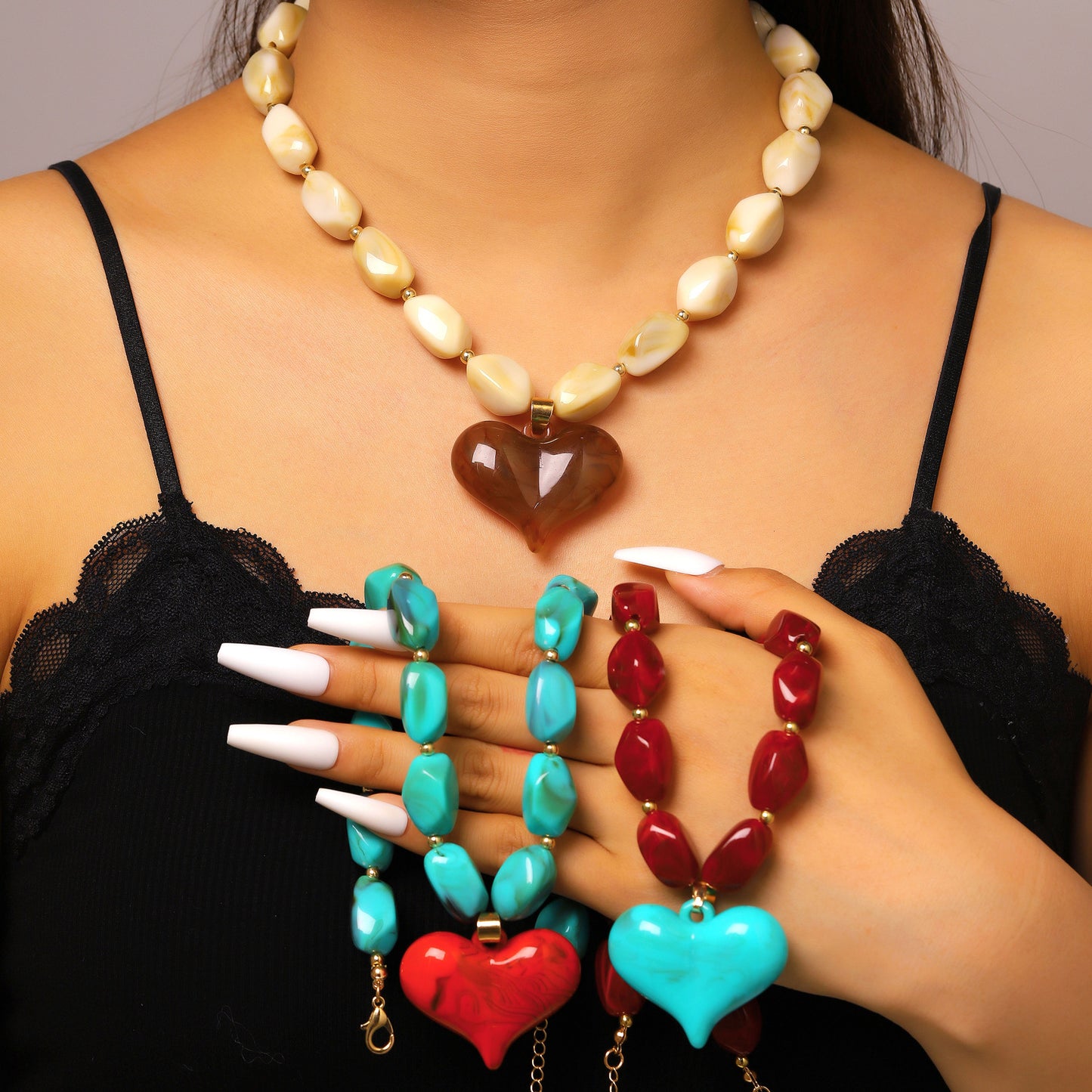 Dopamine Color Resin Big Heart Exaggerated Irregular Beaded Vacation Style Necklaces
