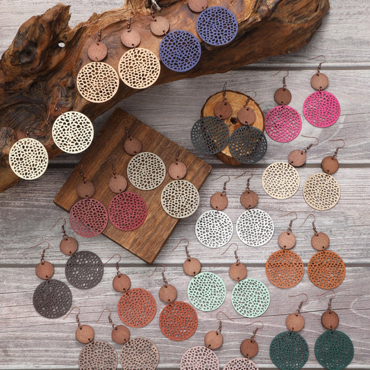 Hollow Wood Piece Combination Leather Round Mesh Earrings