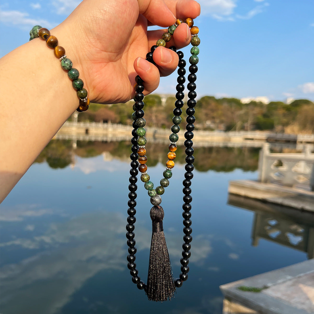 Women's Vintage Black Stone Natural Beaded Long Tassel Sweater Jewelry Set