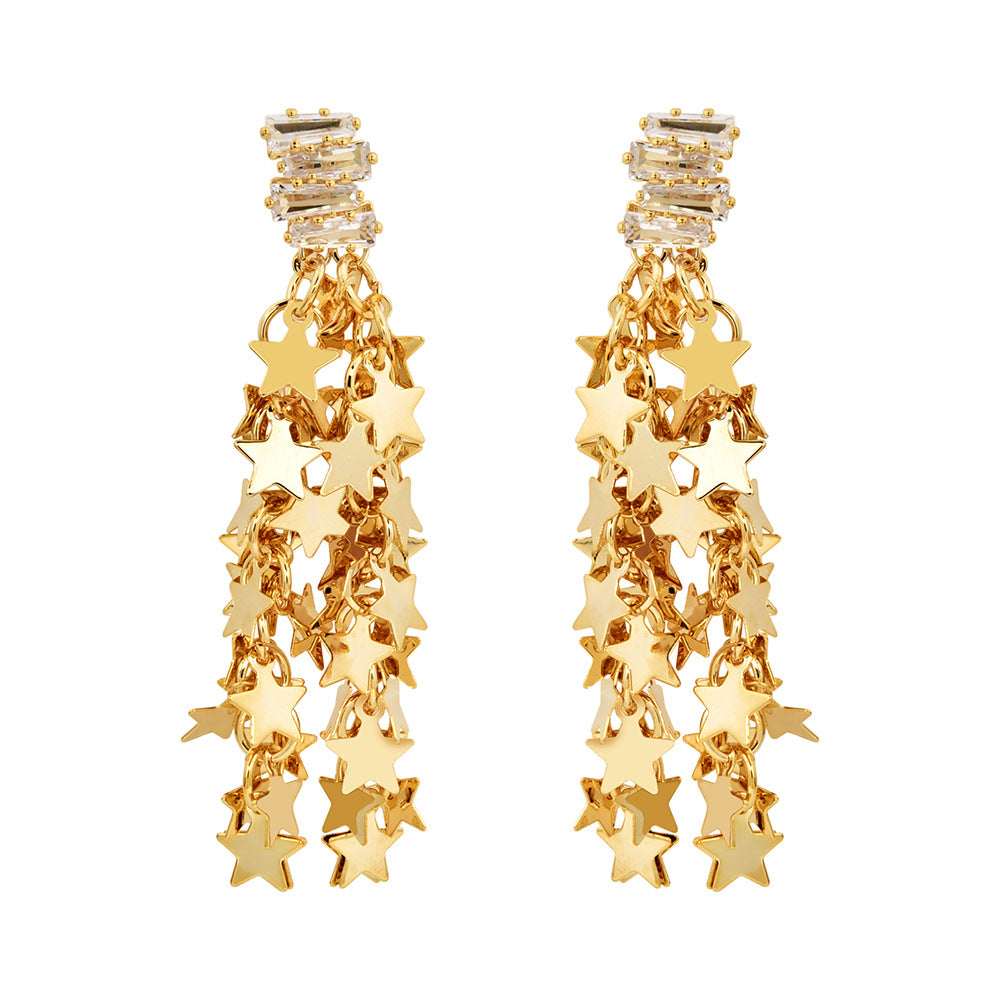 Trendy Inlaid Zirconium Pentagram Long Super Fairy Tassel Stud Earrings