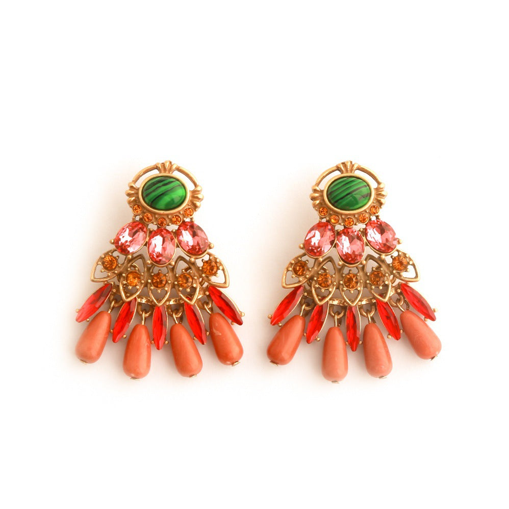 Real Gold Gaanized Enamel Diamond Retro Earrings